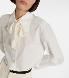 Find GUCCI Tie-front Cotton Poplin Blouse on Editorialist. Made in Italy. Closure: buttoned front. Material II: 100% silk. Designer color name: Pearl. Care instructions: dry clean. Material: 100% cotton. Fitted Gucci Blouse For Fall, Gucci Formal Button-up Blouse, Gucci Collared Blouse For Formal Occasions, Gucci Collared Blouse For Spring, Gucci Spring Collared Blouse, Gucci Formal Collared Blouse, Elegant Gucci Button-up Blouse, Chic Gucci Collared Blouse, Gucci Button-up Blouse For Formal Occasions