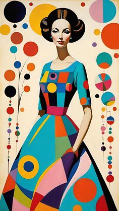 a painting of a woman in a colorful dress with circles and dots on the background