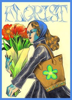 a drawing of a woman carrying a brown bag with flowers in it and the words north above her