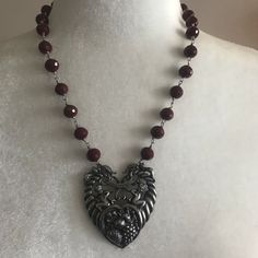 Beautiful Garnet Colored Heart Necklace. 19in. The Heart Says Gemini On It And Is An Antique Piece. Purchased In A Boutique A Few Years Ago And Never Really Wore It. Excellent Condition. Beaded Heart Necklace, Beaded Heart, Colorful Heart, Heart Necklace, Lady In Red, Womens Jewelry Necklace, Garnet, Jewelry Necklaces, Women Jewelry