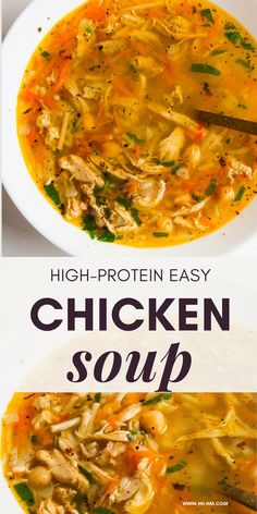 Nothing more comforting than a bowl of hearty homemade chicken soup! This is a delicious protein-packed easy healthy chicken soup recipe made with chickpeas, vegetables and noodles. This healthy soup recipe is ready in about 45 minutes from start to finish.