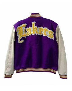 NBA Los Angeles Lakers Varsity Jacket Fitted Collegiate Varsity Jacket For Winter, Fitted Varsity Jacket With Ribbed Cuffs For Fall, Fall Streetwear Outerwear With Contrast Cuffs, Fall College Varsity Jacket With Contrast Cuffs, Fall Varsity Jacket With Contrast Cuffs For College, Varsity Jacket With Contrast Cuffs For College In Fall, Fitted Long Sleeve Varsity Jacket With Ribbed Cuffs, Winter Varsity Jacket With Contrast Cuffs, Winter Varsity Jacket With Contrast Cuffs For College