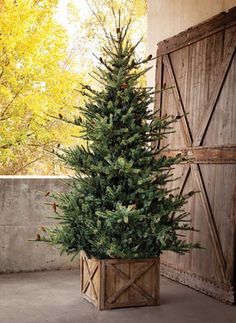 a small christmas tree sitting in a wooden container next to an open barn door with autumn foliage