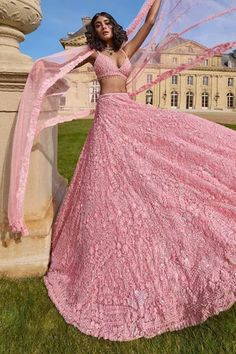 Shop for Seema Gujral Pink Net Sequin And Bead Embroidered Lehenga Set for Women Online at Aza Fashions Indian Prom Dresses, Pink Bridal Lehenga, Seema Gujral, Floral Lehenga, Random Fashion, Crystal Embroidery, Traditional Indian Dress, Net Lehenga, Desi Clothes