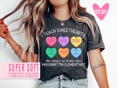 This cute, personalized Valentine's Day teacher shirt is the perfect shirt to make your students feel seen and valued. <3 Our Bella+Canvas tees have that light and vintage feel. ♥ Our Comfort Colors tees and long sleeves are garment-dyed for that trendy distressed look. ♥ 》 》HOW TO ORDER 《 《 * Select product, size + color from the drop down menus * Add your custom teacher name, grade and school in. the personalization box.  * Add to cart + place order ♥ * Your shirt is now in production & will be ready to ship in 1-3 days! 》 》SIZING 《 《 All four products are unisex, men's cut tops. The Bella Canvas tees run longer than normal and slightly small - so I would NOT downsize. The Comfort Colors tees and long sleeves are boxy cut and true to size. The Gildan sweatshirts are true to size, verging Cut Top, Mens Cuts, Pink Valentines, Bella Canvas Tees, Teacher Name, Gildan Sweatshirts, Personalized Valentines, Valentines Day Shirts, Valentines Shirt