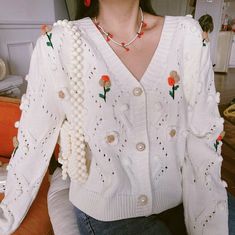 ♡Color: white; ♡Style: embroidery; ♡Size: Length: 53cm / 20.9in; Bust: 110cm / 43.3in; Sleeve: 41cm / 16.1in; ♡Package include: 1 x cardigan. Fairy Sweater, Harajuku Clothes, Cardigan Rajut, Flower Cardigan, White Fairy, Fe Clothing, Cute Cardigans, Crochet Top Pattern, Flower Embroidery