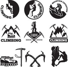 the logos for climbing and mountain sports related items stock photo, images and royalty illustrations