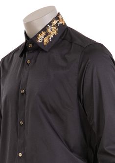 Limited edition- One of a kind Gold barocco embroidery and rhinestone on the collar and sleeve detailed shirt Eye-catching studded rhinestone detailed shirt. A modern shirt with an unexpected edge. This white cotton shirt from Mondo is embellished with gold rhinestone. Looking sharp. Your style status can’t be messed with, and this shirt from Mondo makes that clear. Adorned with gold-tone rhinestones, this piece will toughen up any casual look. Eye-catching rhinestone details French placket Poin Baroque Embroidery, Rhinestone Shirt, White Cotton Shirt, Rhinestone Shirts, Custom Buttons, Gold Rhinestone, Sleeve Detail, Black Cotton, White Cotton