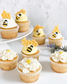 cupcakes with frosting and honeybee decorations on top