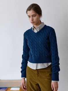 Composition : Lambswool 50% Nylon 30% Acrylic 20%Color : warm blueCountry of Origin : KOREA Casual Blue Merino Wool Sweater, Cozy Blue Wool Sweater, Navy Cable Knit Sweater For Fall, Navy Cable Knit Sweater For Winter, W Concept, Sweater Weather, Cable Knit, Tartan, Designer Fashion