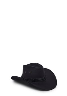 giddy up! This cowboy hat has braided trim details, a wide upturned brim, and adjustable straps beneath the chin. Casual Black Hat For Country Events, Black Country Style Fedora For Outdoor, Casual Black Felt Hat For Rodeo, Black Summer Hat Bands For Ranch, Adjustable Black Fedora For Outdoor, Black Country Fedora For Outdoor, Country Style Black Fedora For Rodeo, Black Adjustable Fedora In Country Style, Country Style Black Wide Brim Hat