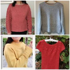 four different sweaters are shown in three pictures, one is red and the other is grey