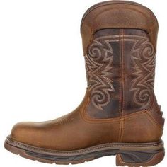 Rocky Men's Iron Skull 12" Composite Toe Waterproof Western Boot - Medium Brown Chocolate - RKW0249 On Sale Now! This Item Ships FREE! The Rocky Iron Skull composite toe pull on is the superior boot for those grueling days in the field, or on the job. With a discreet leather pull collar, getting these boots on is simple, and taking them off after a long day of work even easier. We've developed the Ram Ridge, a rugged TPU heel counter that will make kicking these boots off a piece of cake! Each I Durable Brown Western Style Work Boots, Brown Durable Western Work Boots, Brown Western Style Durable Work Boots, Brown Chocolate, Western Boot, Piece Of Cakes, Leather Pulls, Medium Brown, Brown Boots