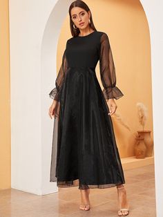 Fit And Flare Dress With Sleeves, Black Glamour Dress, Organza Sleeves Dress, Sifon Dress, Black Modest Dress, Organza Sleeves Style, Dress Sifon, Black Organza Dress, Black Dress Design