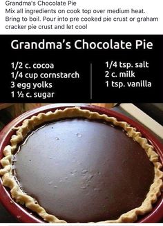 a chocolate pie sitting on top of a table next to an advertisement for grandma's chocolate pie