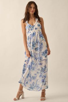 Garden Goddess Floral Chiffon Twist-Back Maxi Dress - ShopPromesa Chic Halter Neck Maxi Dress For Beach Wedding, Flowy Halter Neck Breezy Maxi Dress, Breezy Halter Neck Flowy Maxi Dress, Elegant Beach Maxi Dress With Crisscross Straps, Flowy Halter Neck Dress For Garden Party, Beach Halter Neck Dress In Chiffon, Summer Chiffon Maxi Dress With Halter Neck, Chiffon Halter Neck Dress For Beach, Beach Halter Neck Chiffon Maxi Dress