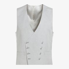 A sleek, dynamic layer to add some elegant volume to your look, this double-breasted Ferrara waistcoat is crafted with an 8-button front and lapel-less collar for a clean finish. Elegant Blazer With Vest And Lapel Collar, Elegant Fitted Double-breasted Vest, Spring Semi-formal Vest With Hidden Button Closure, Tailored Formal Vest With Lapel Collar, Formal Notch Lapel Vest With Buttons, Elegant Fitted Tuxedo With Double-breasted Button, Tailored Sleeveless Blazer With Button Closure, Tailored Sleeveless Blazer With Buttons, Sleeveless Tailored Blazer With Button Closure