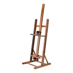 a wooden easel with wheels on it