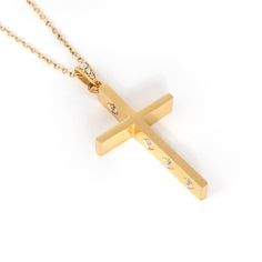 This Gold Cross Pendant engraved with Proverbs 3:5 Verse on one side and cubic zirconia stones on the other is a beautiful Christian necklace to add to your jewelry collection. It's a perfecft Christian gift for Mother's Day, her birthday or Christmas! This beautiful gold cross necklace is an elegant way to wear your faith to work, special occasions and anywhere in between! Women's Christian cross necklaces are a subtle and sophisticated way to share your faith and heart for Jesus. They are also Anniversary Cross Pendant Necklace With Cubic Zirconia, Rhinestone Cross Pendant Jewelry Gift, Gift Cross Necklace With Diamond Accents In Cubic Zirconia, Gift Cubic Zirconia Cross Necklace, Stainless Steel Cross Pendant Jewelry For Anniversary, Cubic Zirconia Cross Necklace For Anniversary, Gift Jewelry With Diamond Accents In Stainless Steel, Stainless Steel Jewelry With Diamond Accents As Gift, Gift Stainless Steel Jewelry With Diamond Accents