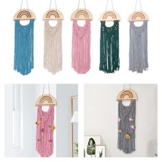 four pictures of different colors of macrame hangings on the wall, one is pink and blue