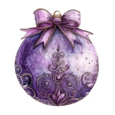 a purple christmas ornament with a bow on the top and an ornate design