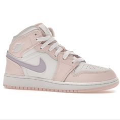 Brand Spanking New!! Womans Size 7 (5y Big Kids- Converts To Womans Size 7) Will Tr A D E For Air Jordan 1 Mid (White Black)- Size 7 Womans Or My White Black Jordan 1 Mid In Size 6.5 Womans [See My Page For Post Of Sneakers] Light Pink Lilac Purple Lavender Pink And Purple Jordans, Nike Pink High-top Jordan Shoes, Nike Purple Sneakers For Spring, Nike Purple Spring Sneakers, Nike Low-top Pink Jordan Shoes, Nike Air Jordan Pink, Purple Nike Shoes, Jordan 1 Pink, Jordan 1 Mid Pink