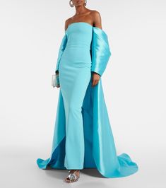 Kyla caped twill and crêpe gown in blue - Solace London | Mytheresa Fitted Pre-draped Evening Dress With Cape Sleeves, Crepe Maxi Dress For Gala, Formal Floor-length Crepe Dresses, Fitted Crepe Floor-length Dress, Fitted Evening Gown With Cape, Gala Maxi Length Elastane Gown, Fitted Cape Gown For Evening, Fitted Floor-length Crepe Dress, Elastane Maxi Gown For Gala