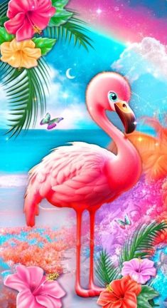 a pink flamingo standing on top of a beach next to flowers and palm trees