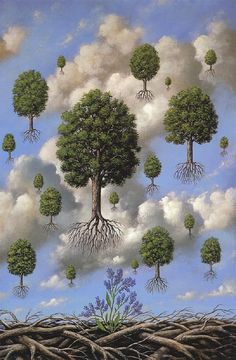 a painting with many trees and roots in the air, all surrounded by blue sky