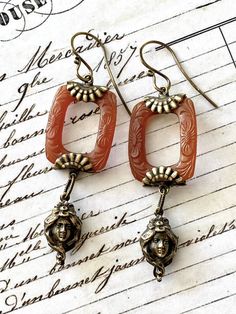 Art Nouveau Lady Carnelian Long Dangle Earrings Green Garage, Art Nouveau Lady, Aluminum Earrings, Art Nouveau Earring, Lake Elsinore, Art Costume, Brass Art, Earring Ideas, Amber Earrings