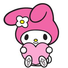 hello kitty sitting down with a heart in her lap and wearing a flower on her head