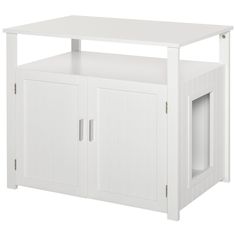 a white entertainment center with two doors and one shelf on the bottom, in front of a white background