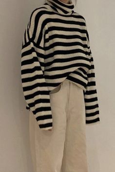 Vintage Striped Loose Turtleneck Knitted Sweater – Tomscloth Casual Ribbed Turtleneck Sweater, Striped Long Sleeve Knit Sweater, Striped Knit Long Sleeve Sweater, Cozy Striped Ribbed Tops, Striped Long Sleeve Soft Knit Sweater, Casual Knitted Turtleneck Top, Casual Ribbed Turtleneck Outerwear, Casual Striped Knitted Sweater, Oversized Striped Long Sleeve Sweater