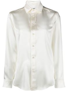 cream white silk front button fastening classic collar long sleeves Ralph Lauren Womens Clothing, White Louis Vuitton, White Collared Shirt, Polo Long Sleeve, Ralph Lauren Long Sleeve, White Polo, Lauren White, White Silk, Long Sleeve Polo