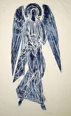 an ink drawing of an angel with blue lines on it's body and wings