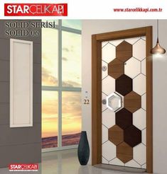 an advertisement for starcelk's solid series solid doors, featuring hexagonal designs