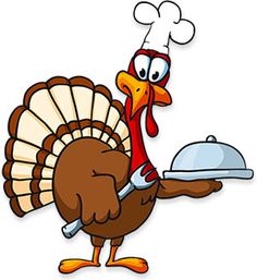 a cartoon turkey holding a platter and wearing a chef's hat