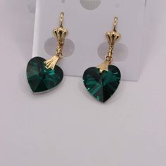 Gold-Plated Earrings Heart Green Color Formal Green Heart-shaped Earrings, Elegant Green Heart Cut Earrings, Green Heart-shaped Earrings For Anniversary, Elegant Green Earrings With Heart Charm, Earrings Heart, Green Heart, Earrings Green, Green Earrings, Nature Jewelry