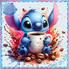 a cartoon character holding a coffee cup in front of some coffee beans and water splashes