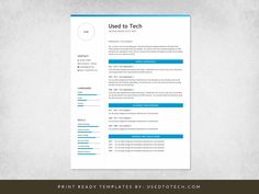 a blue and white resume template with the words used to tech on it, as well as