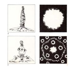 four different pictures with black and white ink on paper, each containing an individual's artwork