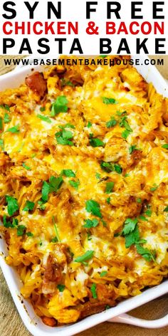 chicken and bacon pasta bake in a white casserole dish with text overlay