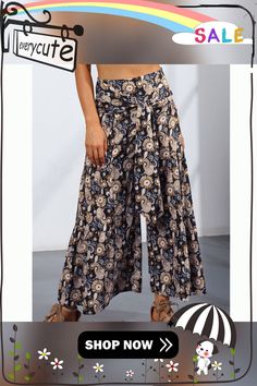 Black Digital Print Cropped Wide Leg Boho Pants with Tie Bohemian Black Pants, Black Bohemian Wide Leg Pants, Black Bohemian Pants For Vacation, Bohemian Black Pants For Vacation, Bohemian High Waist Black Bottoms, Bohemian Black High Waist Bottoms, Black Bohemian Ankle-length Pants, High-waist Black Floral Print Pants, Black High-waist Floral Print Pants