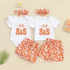 Please note that each outfit is sold separately. Little Sis Set Includes: Onesie, Shorts, & BowBig Sis Set Includes: T-shirt, Shorts, & Bow Material: Cotton Blend Gender: Girls Pattern: Letters, Floral Sleeve Length: Short Summary: Baby Toddler Short Sleeve White Orange Little Sis Onesie or Big Sis T-shirt with Matching Floral Shorts & Bow 3 Piece Outfit Set Matching Sister Sibling Outfits Cute Letter Print Summer Sets, Summer Matching Cotton Outfit Sets, Cotton Matching Outfits For Summer, Summer Cotton Matching Outfits Sets, Cute White Set With Letter Print, Cute White Sets With Letter Print, White Matching Sets For Summer, White Matching Summer Sets, Cute White Letter Print Sets