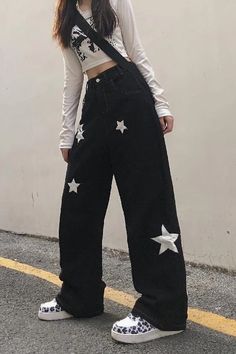 Retro Stars Pattern Black Jeans Pants – Tomscloth Black Jeans Pants, Retro Stars, Stars Pattern, Cute Pants, Tomboy Outfits, Mode Kpop, Simple Trendy Outfits, Gothic Outfits, Baby Outfits