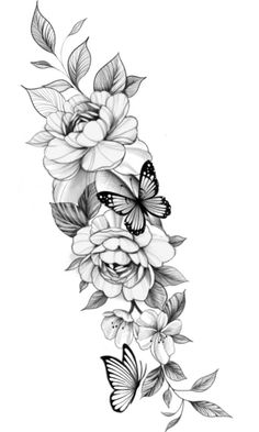 a black and white drawing of flowers with butterflies on it's side, in the middle