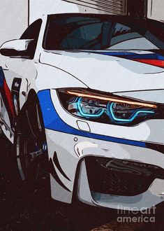 the front end of a white car with blue and red stripes