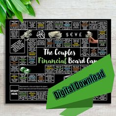 the couples financial board game is shown on a wooden table with green ribbon and leaves