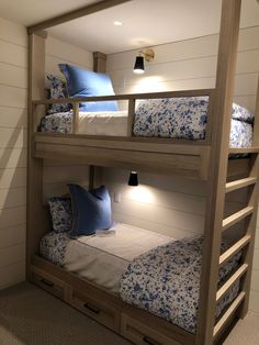 bunk beds with blue and white bedding in a room