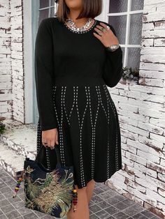 Negro Casual Collar manga larga Lana Peinada Gráfico  Embellished Elástico Alto Plus Size Sweater Dress, Plus Size Sweater, Scallop Hem, Hem Sweater, Sweater Dresses, Plus Size Sweaters, Scalloped Hem, Black Casual, Dress P